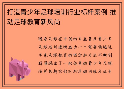 打造青少年足球培训行业标杆案例 推动足球教育新风尚