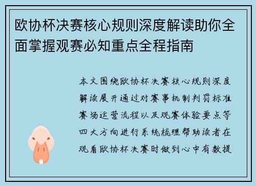 欧协杯决赛核心规则深度解读助你全面掌握观赛必知重点全程指南 欧协杯决赛核心规则深度解读助你全面掌握观赛必知重点全程指南