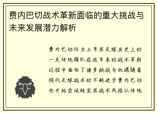 费内巴切战术革新面临的重大挑战与未来发展潜力解析 费内巴切战术革新面临的重大挑战与未来发展潜力解析